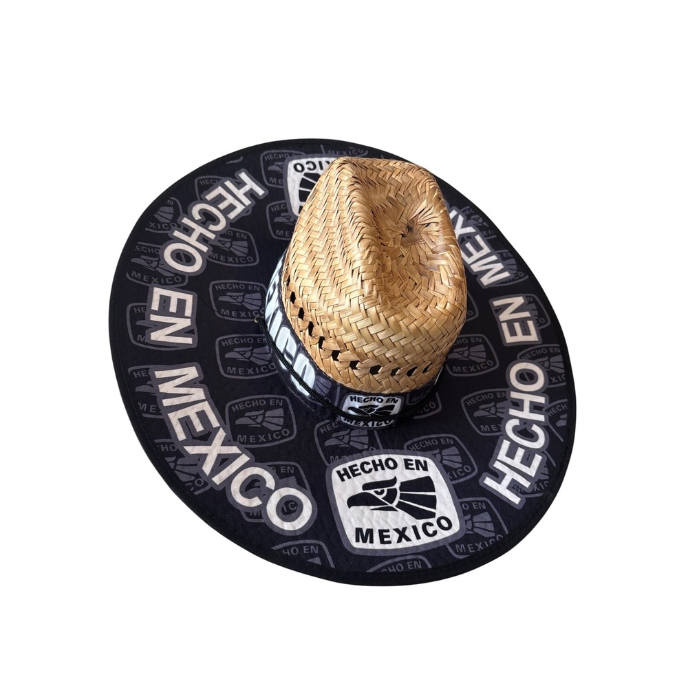 Hecho en Mexico Straw Lifeguard Sun Hat Wide Brim Eagle Logo Tan Black One Size